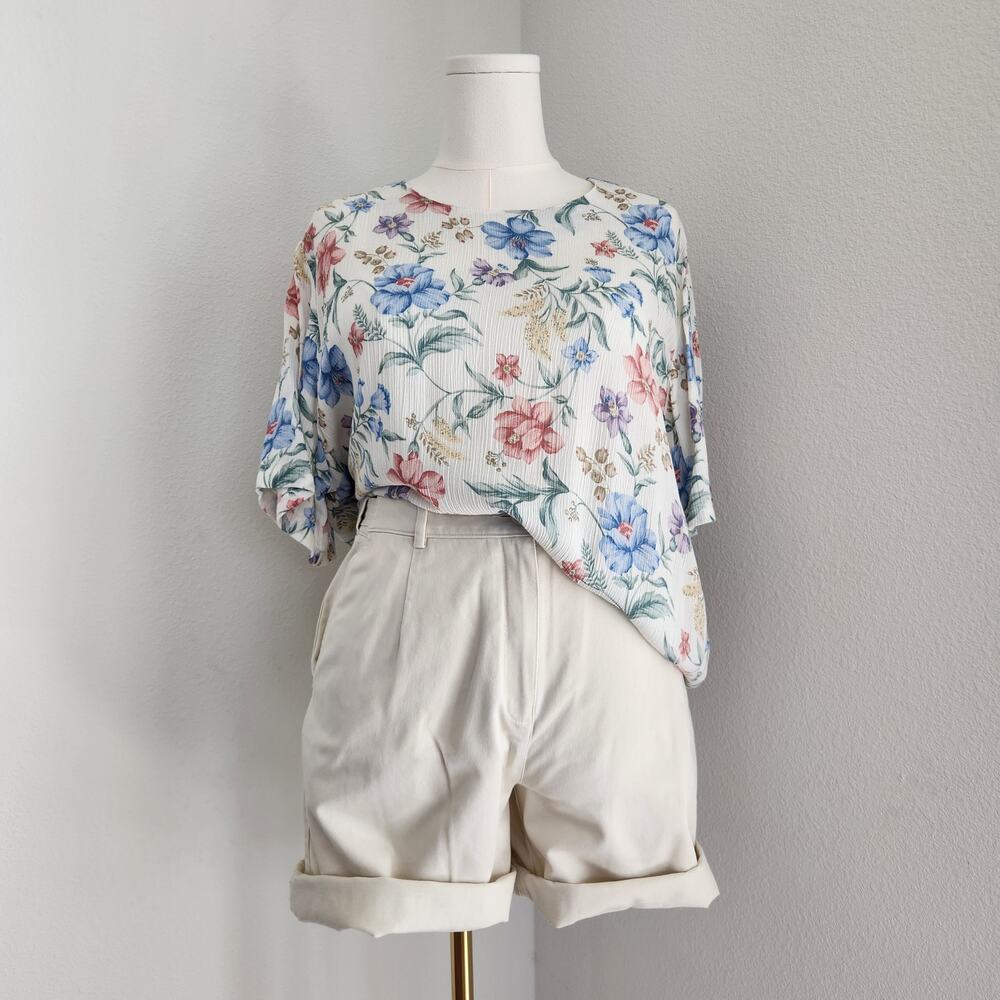 Vintage 90s White Floral Short Sleeve Blouse Crew Neck Relaxed Jaclyn Smith XL